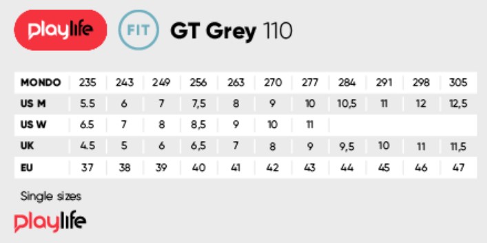 Powerslide GT Grey 110 sizing chart